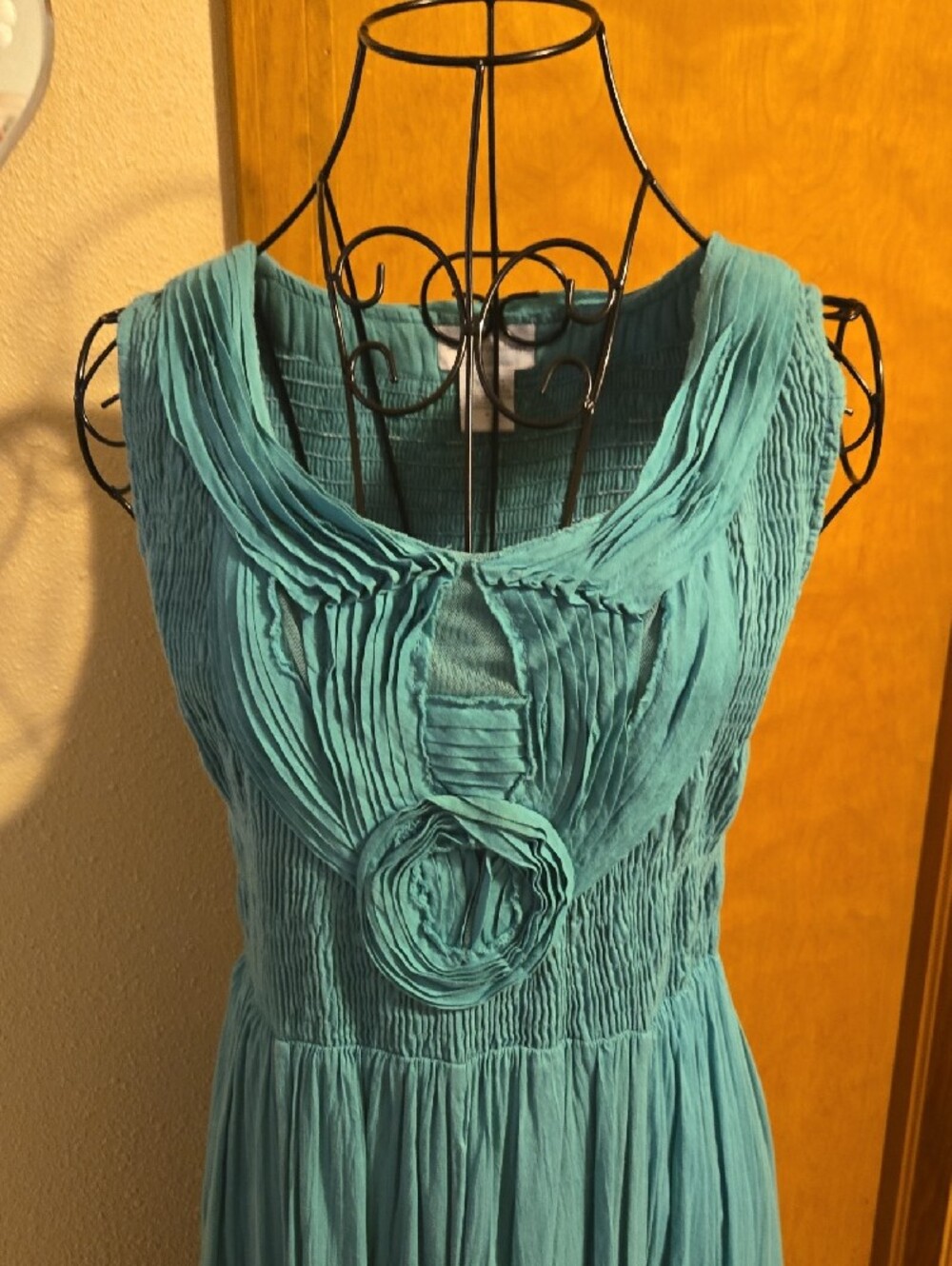 Soft Surroundings Delphine Crinkled Smock Teal Sleeveless Maxi Dress - Picture 3 of 9